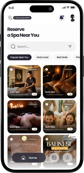The Book My Spa home screen, listing verified spas near the guest.