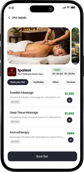 Choosing a treatment time from the spa's slot grid.